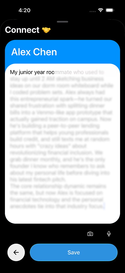 New Connection - Add new contacts easily by just writing free text notes.